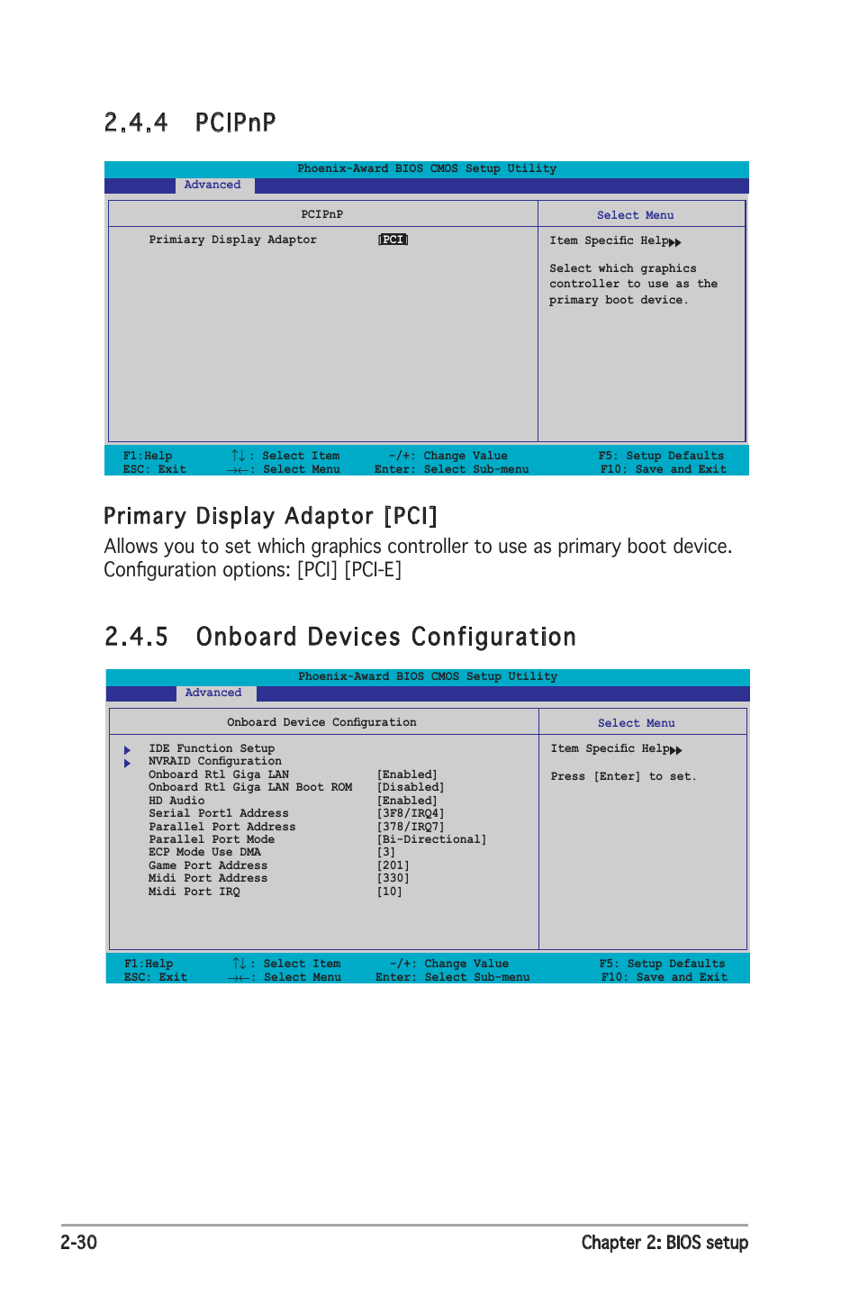 4 pcipnp, 5 onboard devices configuration, Primary display adaptor [pci | 30 chapter 2: bios setup | Asus P5ND2 SE User Manual | Page 76 / 100