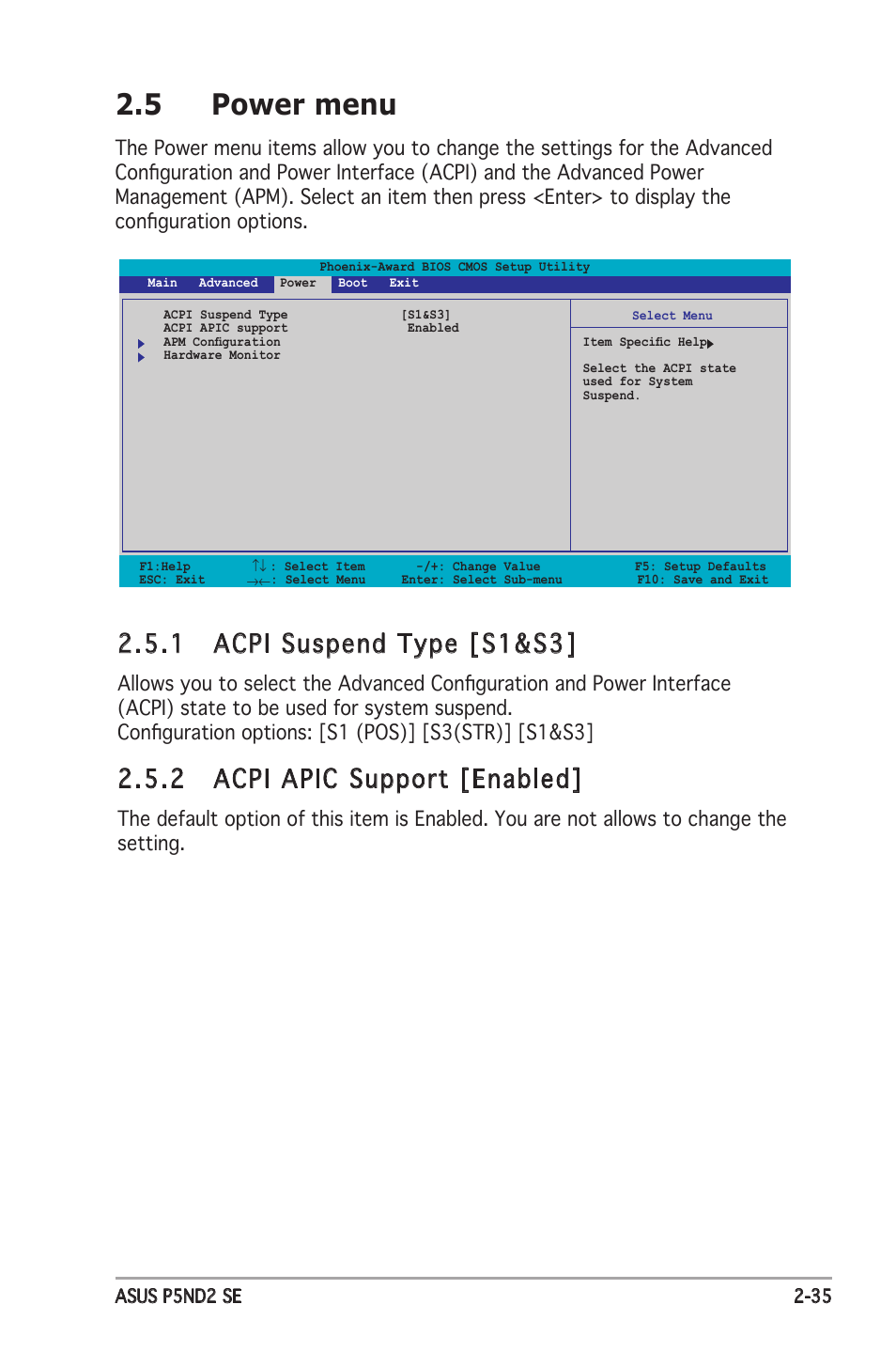 5 power menu, 1 acpi suspend type [s1&s3, 2 acpi apic support [enabled | Asus P5ND2 SE User Manual | Page 81 / 100
