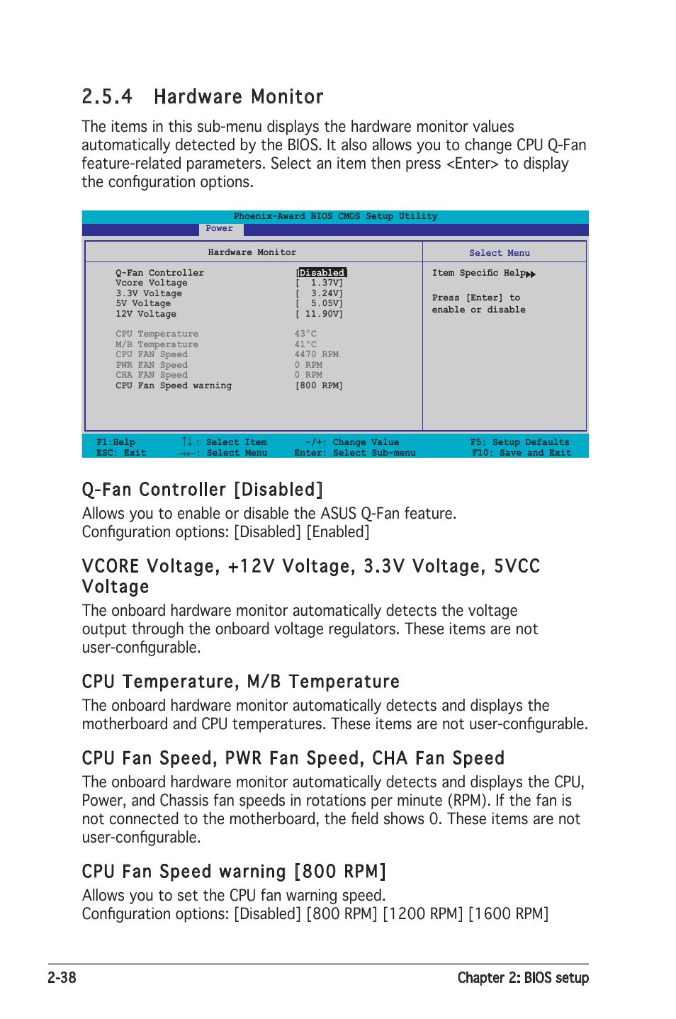 4 hardware monitor, Q-fan controller [disabled, Cpu temperature, m/b temperature | Cpu fan speed, pwr fan speed, cha fan speed, Cpu fan speed warning [800 rpm | Asus P5ND2 SE User Manual | Page 84 / 100
