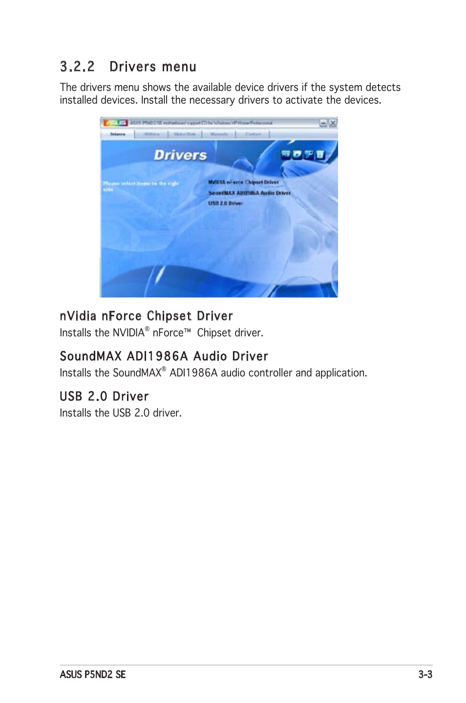 2 drivers menu, Nvidia nforce chipset driver, Soundmax adi1986a audio driver | Usb 2.0 driver | Asus P5ND2 SE User Manual | Page 95 / 100