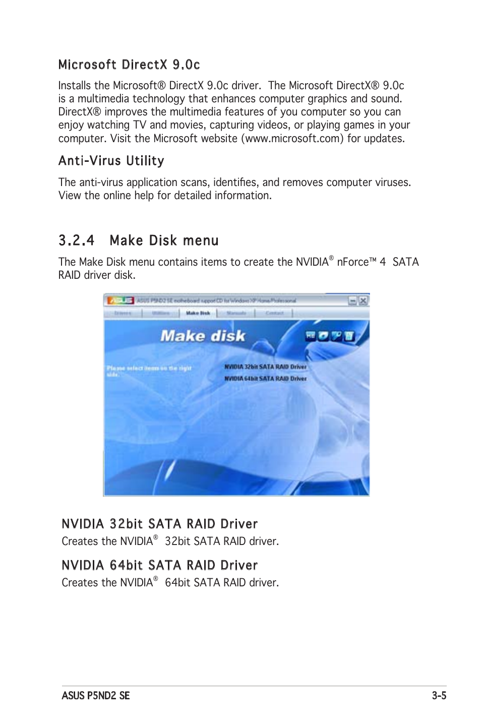 4 make disk menu, Nvidia 32bit sata raid driver, Nvidia 64bit sata raid driver | Microsoft directx 9.0c, Anti-virus utility | Asus P5ND2 SE User Manual | Page 97 / 100