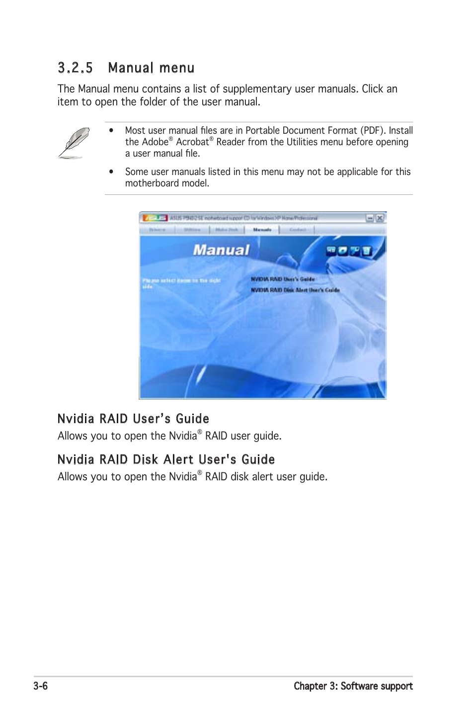5 manual menu, Nvidia raid user’s guide, Nvidia raid disk alert user's guide | Asus P5ND2 SE User Manual | Page 98 / 100