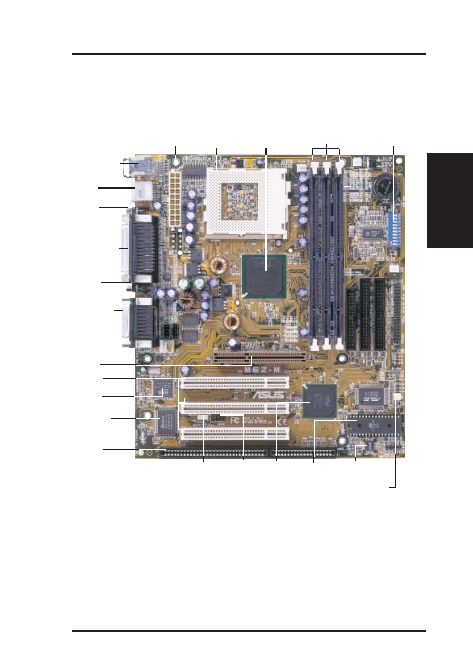 Ii. features, Parts of the asus mez-m motherboard, Asus mez-m user’s manual 11 | Ii. fea tures motherboard parts | Asus MEZ-M User Manual | Page 11 / 96