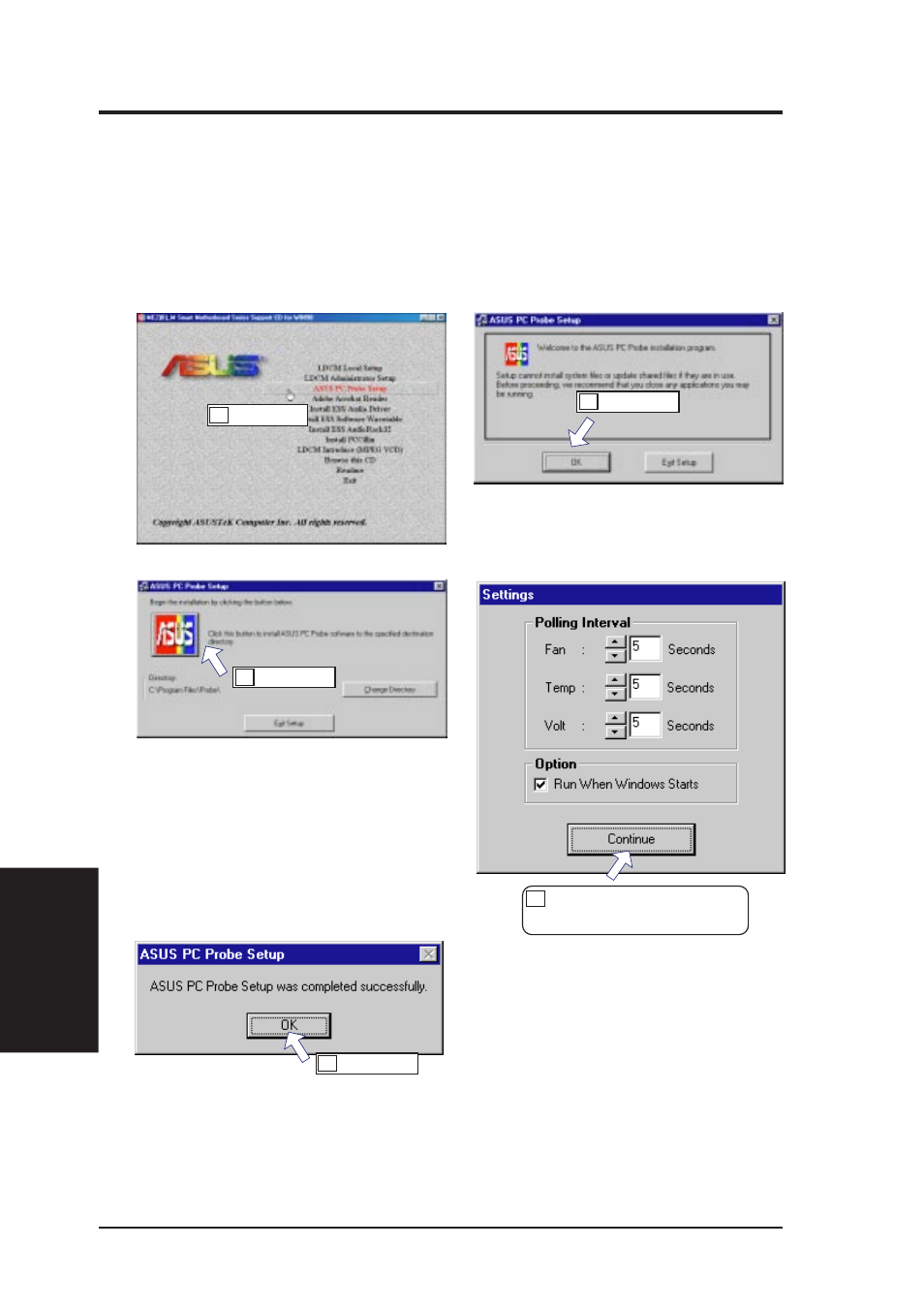V. software setup, Installing asus pc probe | Asus MEZ-M User Manual | Page 68 / 96