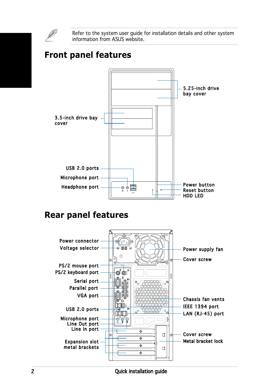 Rear panel features front panel features, English | Asus V2-PE3 User Manual | Page 2 / 80