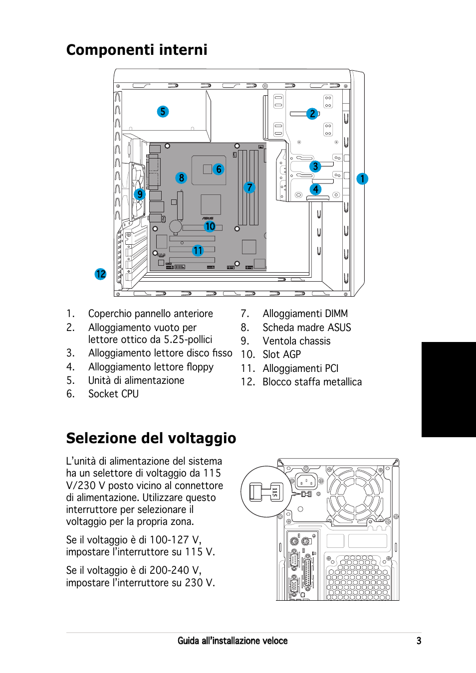 Componenti interni, Selezione del voltaggio, Italiano | Asus V2-PE3 User Manual | Page 27 / 80