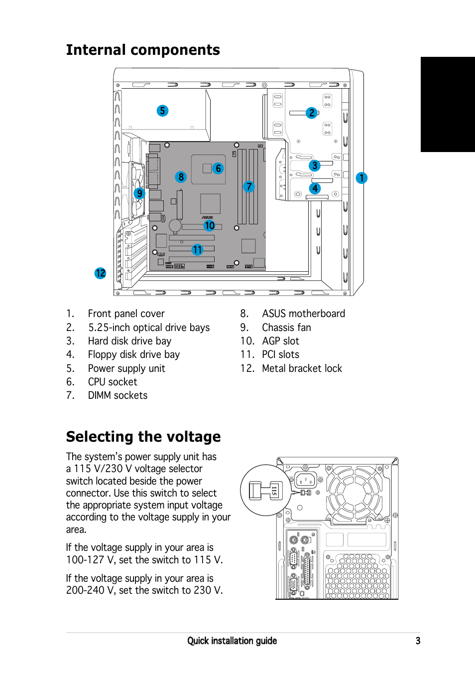 Internal components, Selecting the voltage, English | Asus V2-PE3 User Manual | Page 3 / 80