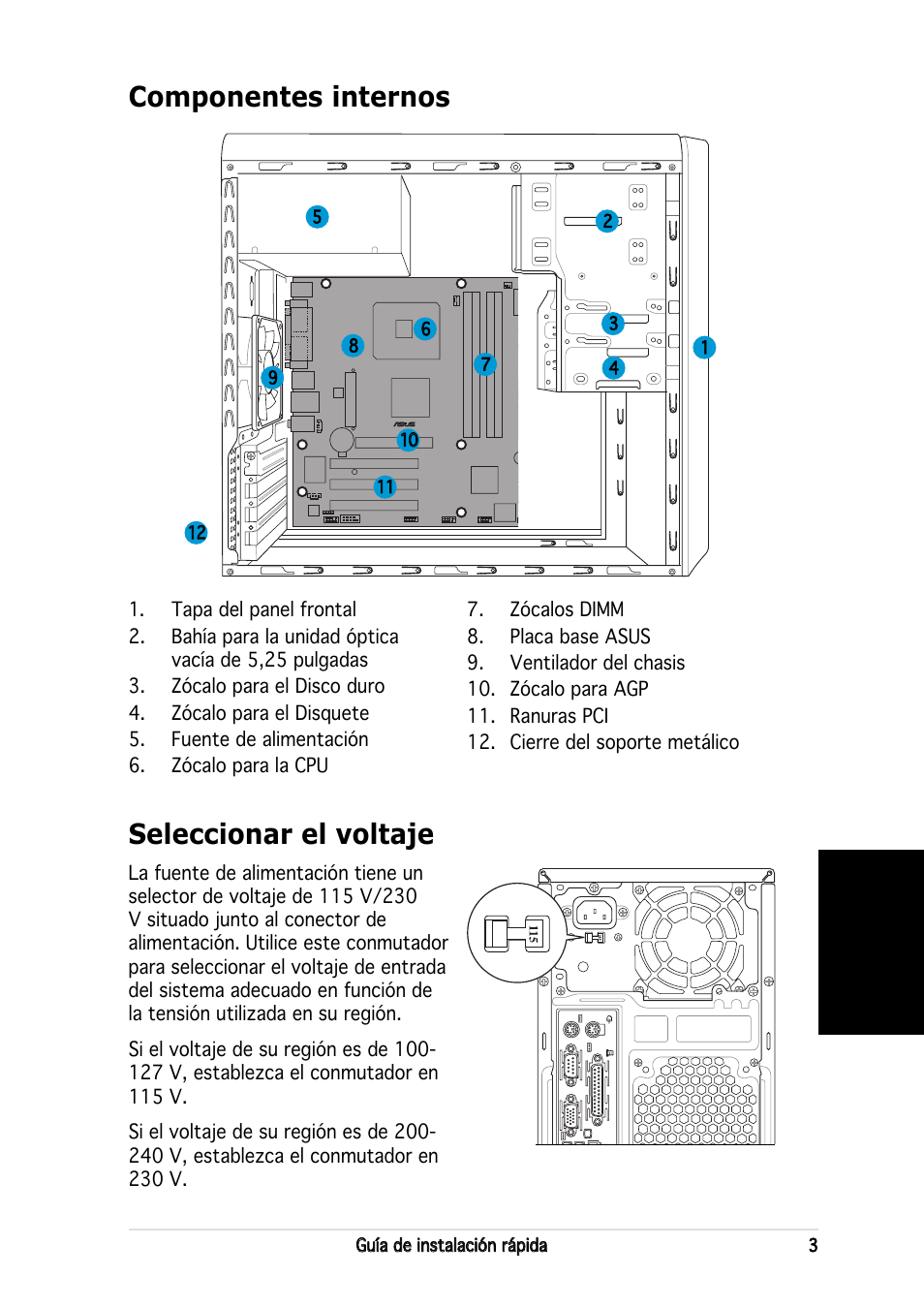 Componentes internos, Seleccionar el voltaje, Español | Asus V2-PE3 User Manual | Page 35 / 80