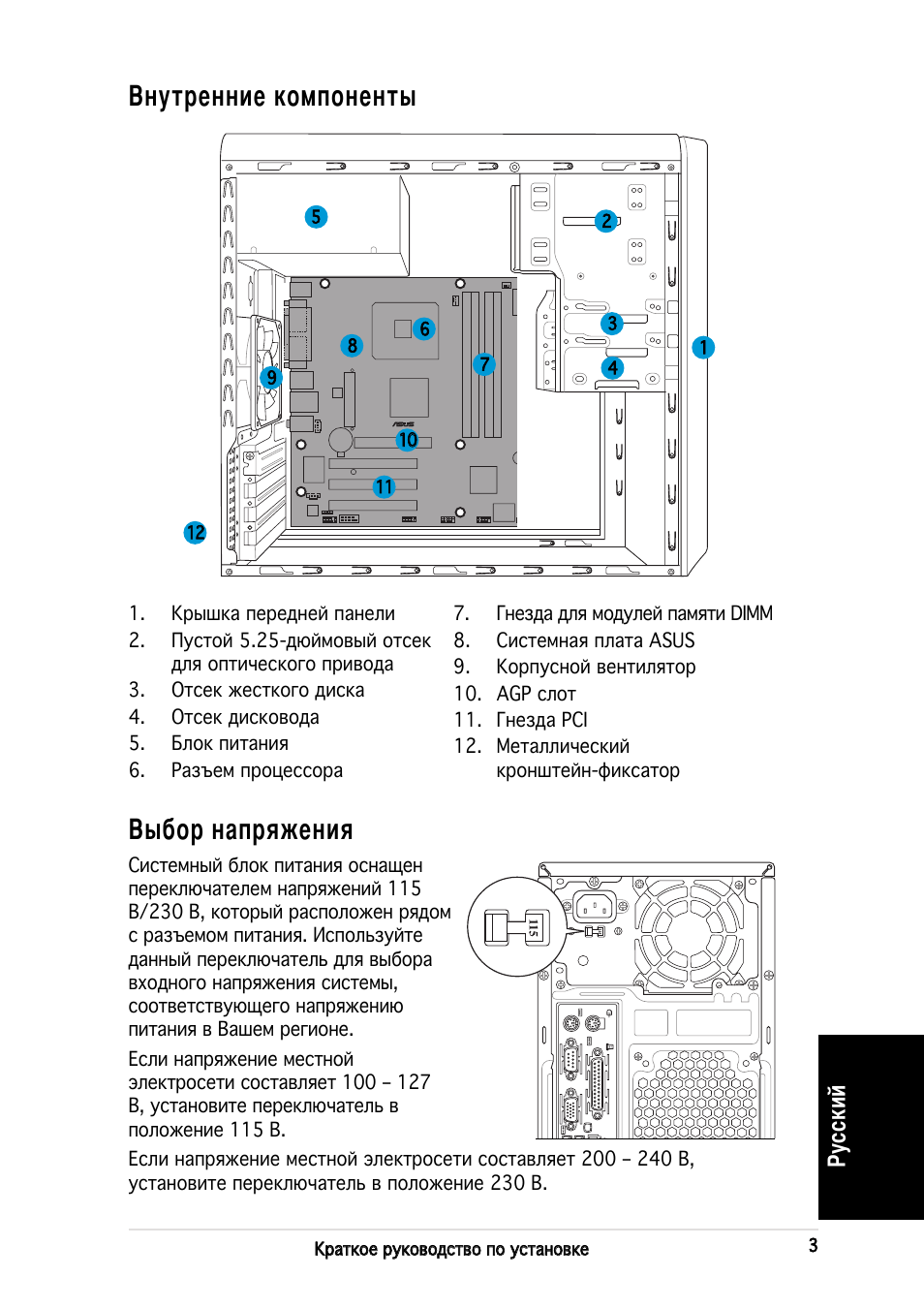 Внутренние компоненты, Выбор напряжения, Русский | Asus V2-PE3 User Manual | Page 43 / 80