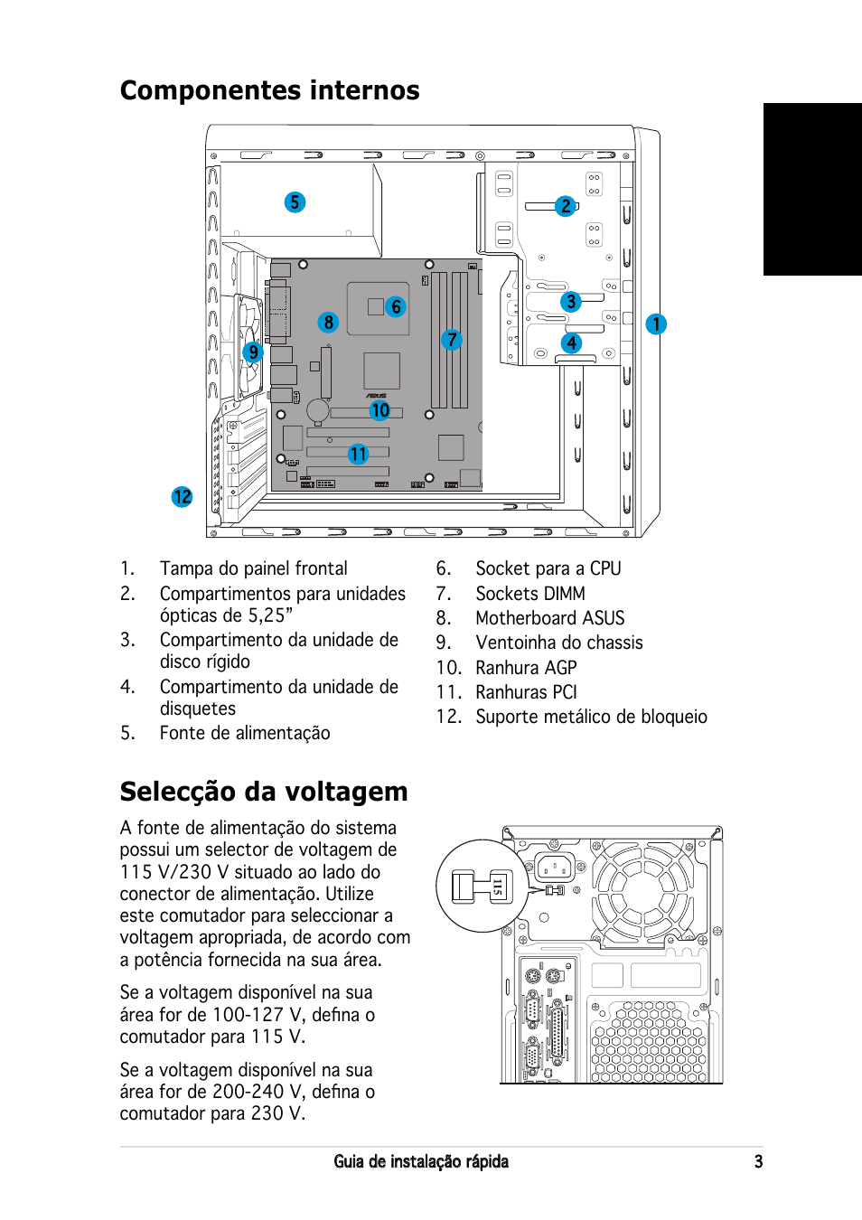 Componentes internos, Selecção da voltagem, Português | Asus V2-PE3 User Manual | Page 51 / 80