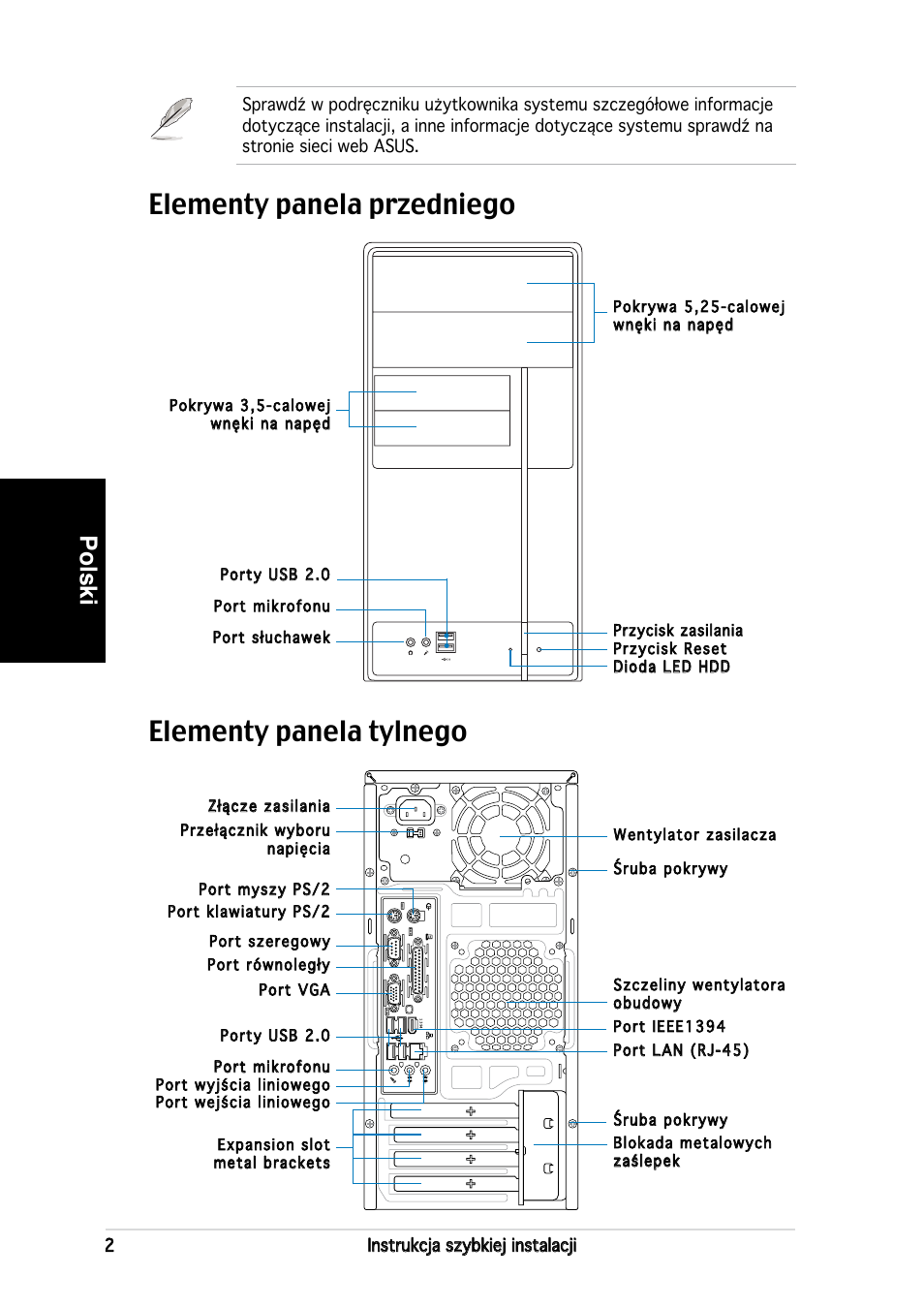 Elementy panela tylnego elementy panela przedniego, Polski | Asus V2-PE3 User Manual | Page 66 / 80