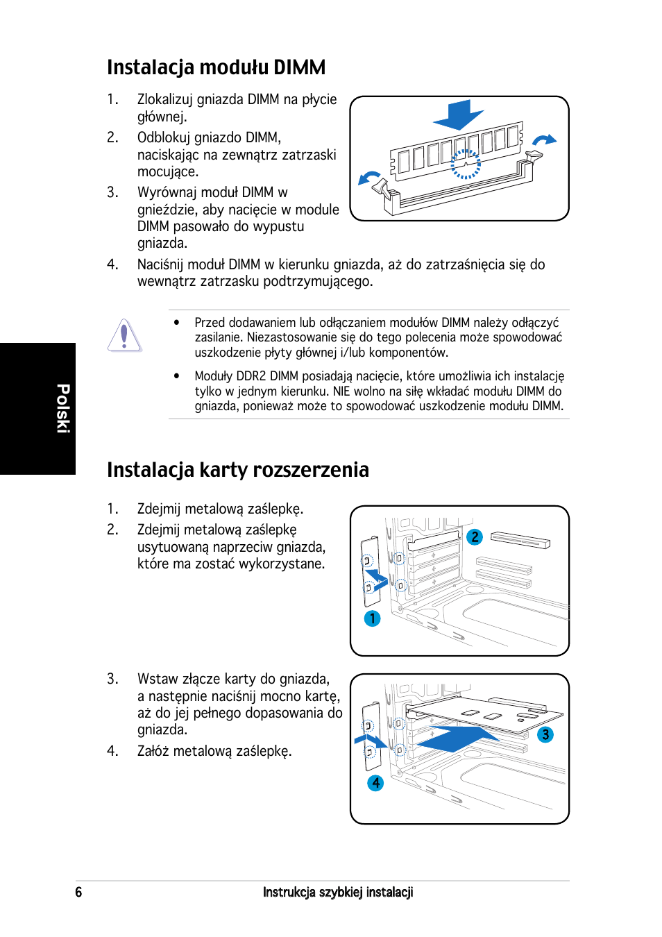 Instalacja karty rozszerzenia, Instalacja modułu dimm, Polski | Asus V2-PE3 User Manual | Page 70 / 80