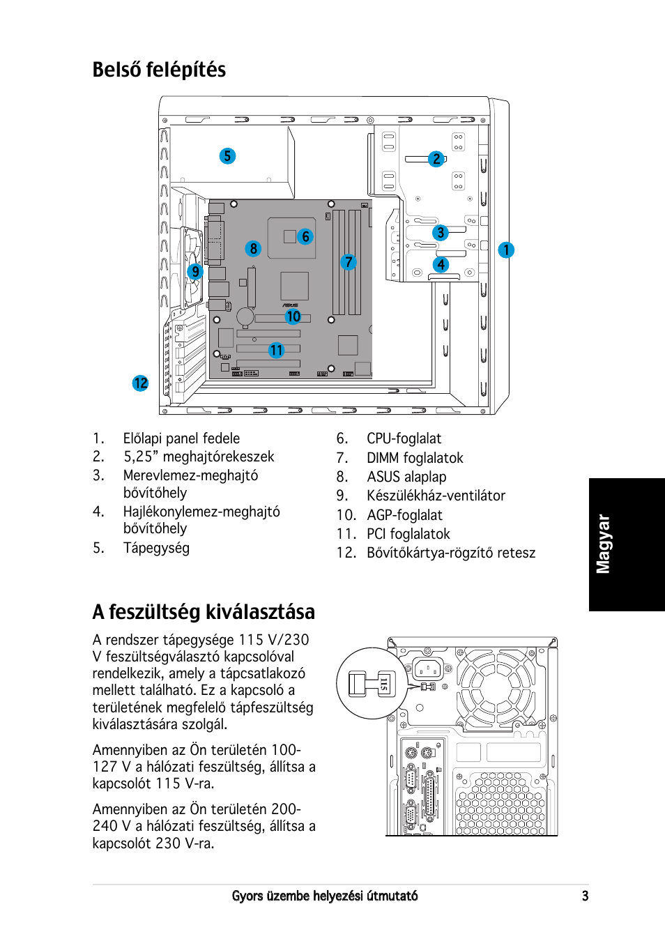 Belső felépítés, A feszültség kiválasztása, Magyar | Asus V2-PE3 User Manual | Page 75 / 80