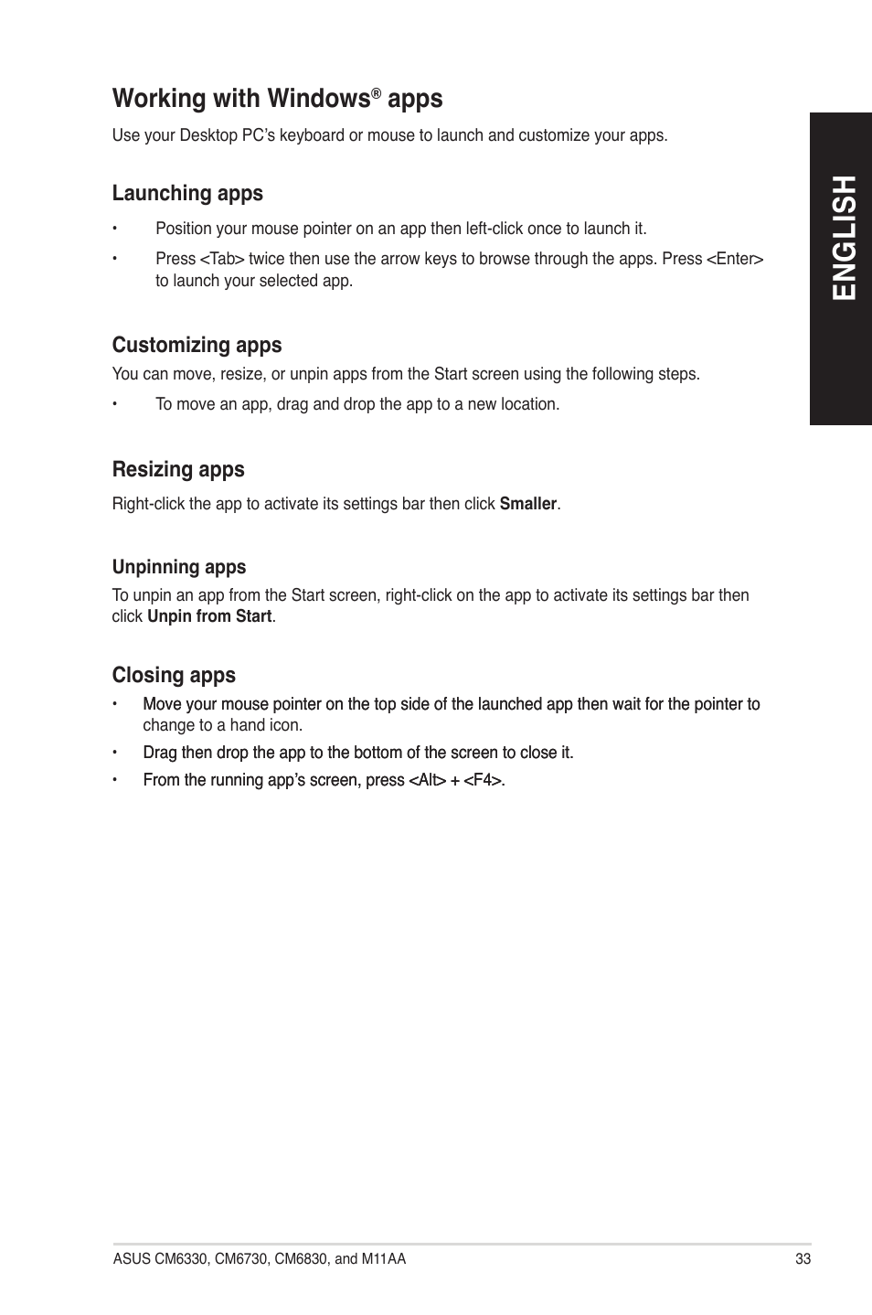Working with windows® apps, Working with windows, Apps | En g lis h en g li sh | Asus M11AA User Manual | Page 33 / 90