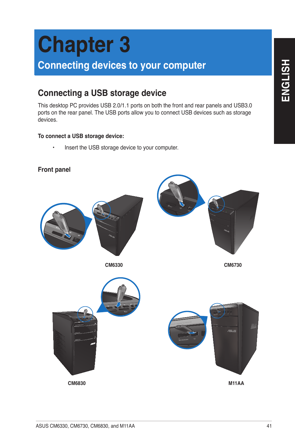 Chapter 3: connecting devices to your computer, Connecting a usb storage device, Connecting devices to your computer | Chapter 3, En g lis h en g li sh | Asus M11AA User Manual | Page 41 / 90