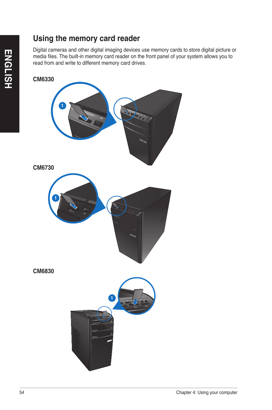 Using the memory card reader, En g lis h en g li sh en g lis h en g li sh | Asus M11AA User Manual | Page 54 / 90