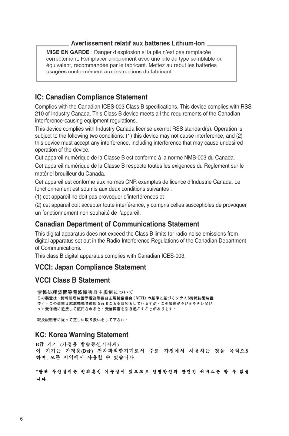 Ic: canadian compliance statement, Canadian department of communications statement | Asus M11AA User Manual | Page 6 / 90