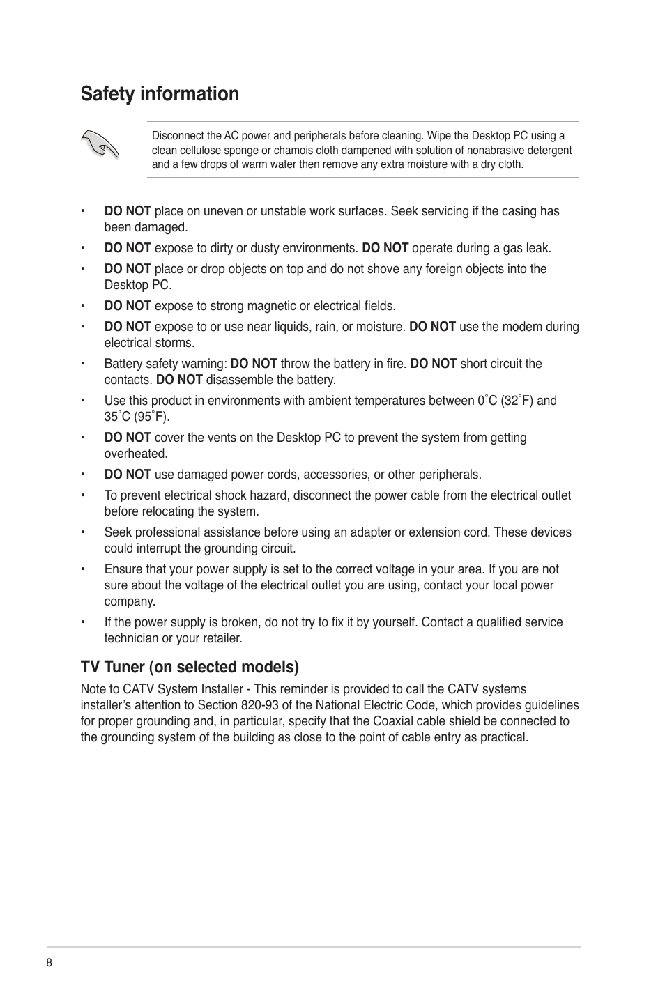 Safety information, Tv tuner (on selected models) | Asus M11AA User Manual | Page 8 / 90