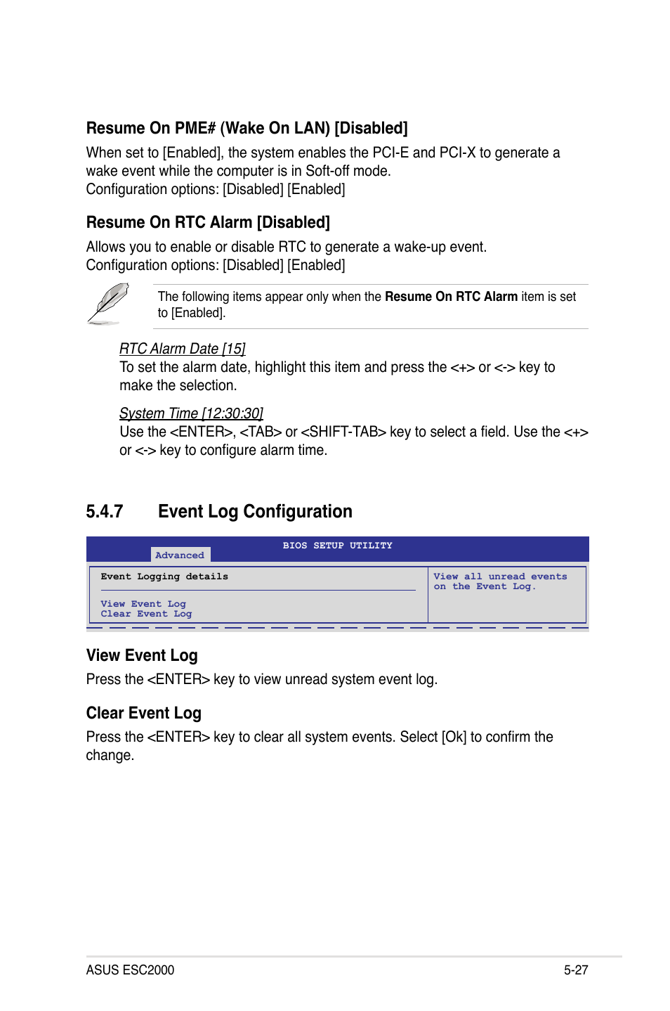 7 event log configuration, Event log configuration -27, Resume on pme# (wake on lan) [disabled | Resume on rtc alarm [disabled, View event log, Clear event log | Asus ESC2000 Personal SuperComputer User Manual | Page 101 / 188