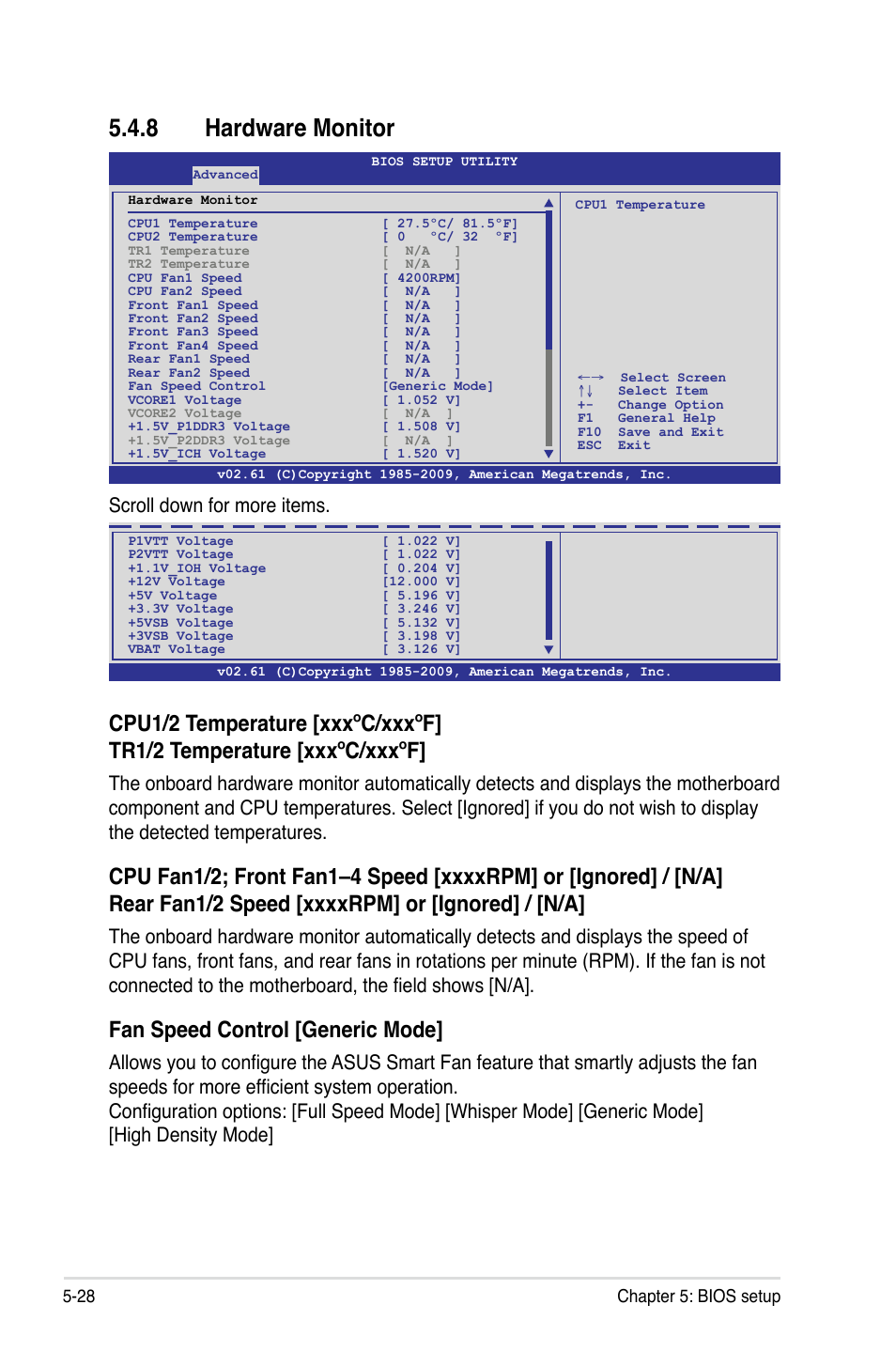 8 hardware monitor, Hardware monitor -28, Fan speed control [generic mode | Scroll down for more items, 28 chapter 5: bios setup | Asus ESC2000 Personal SuperComputer User Manual | Page 102 / 188