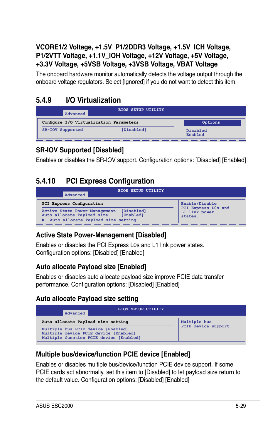 9 i/o virtualization, 10 pci express configuration, I/o virtualization -29 | 10 pci express configuration -29, Sr-iov supported [disabled, Active state power-management [disabled, Auto allocate payload size [enabled, Auto allocate payload size setting, Multiple bus/device/function pcie device [enabled | Asus ESC2000 Personal SuperComputer User Manual | Page 103 / 188