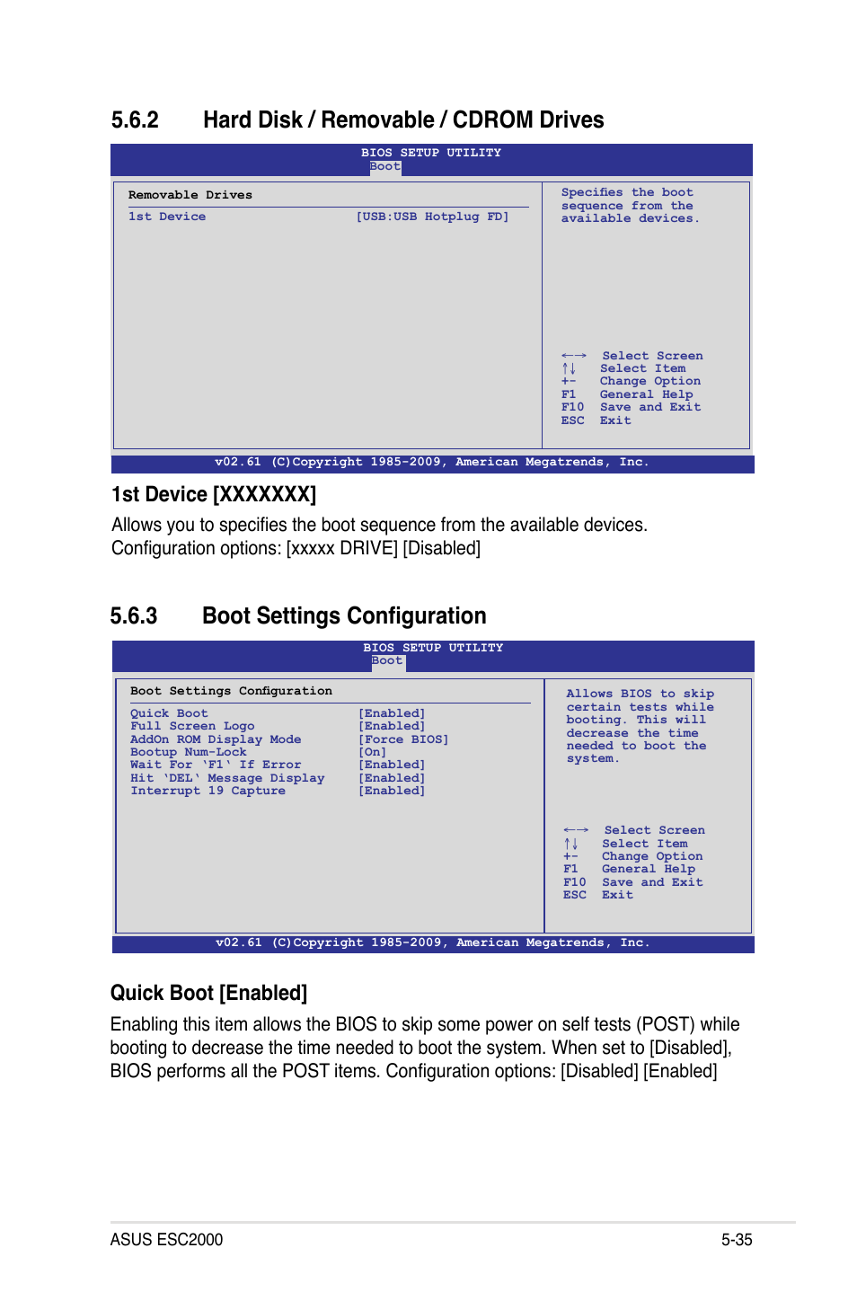 2 hard disk / removable / cdrom drives, 3 boot settings configuration, Hard disk / removable / cdrom drives -35 | Boot settings configuration -35, Quick boot [enabled | Asus ESC2000 Personal SuperComputer User Manual | Page 109 / 188