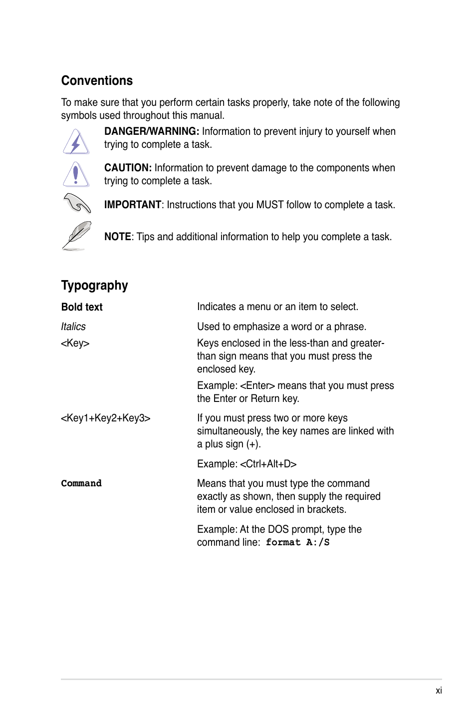 Conventions, Typography | Asus ESC2000 Personal SuperComputer User Manual | Page 11 / 188