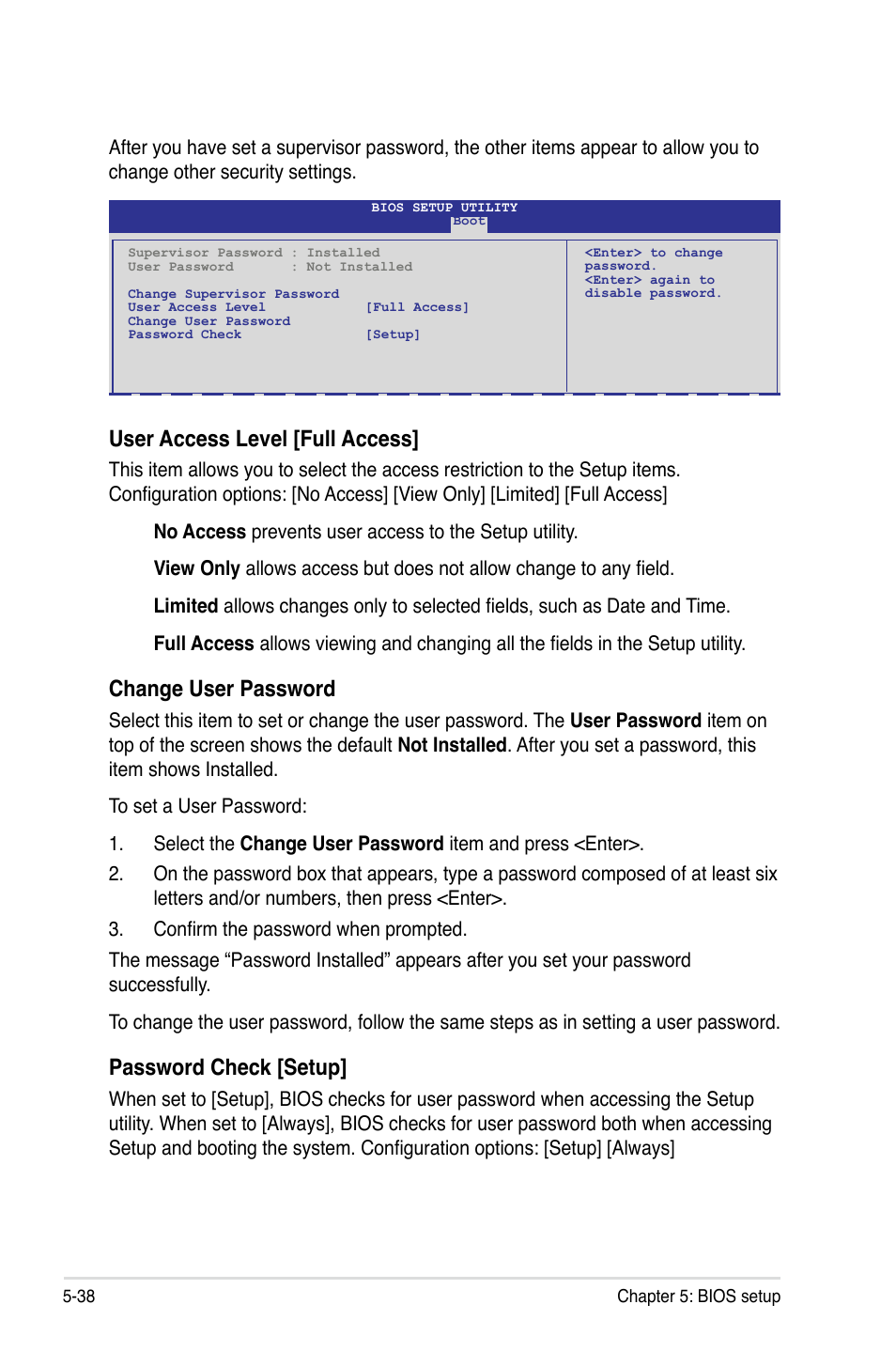 User access level [full access, Change user password, Password check [setup | Asus ESC2000 Personal SuperComputer User Manual | Page 112 / 188