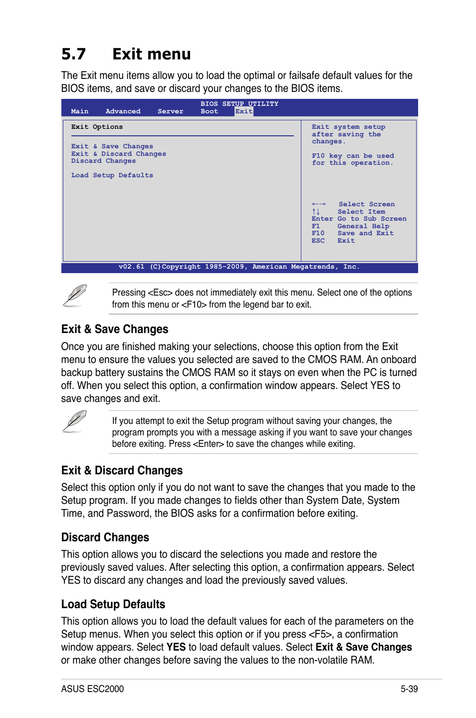 7 exit menu, Exit menu -39, Exit & save changes | Exit & discard changes, Discard changes, Load setup defaults | Asus ESC2000 Personal SuperComputer User Manual | Page 113 / 188