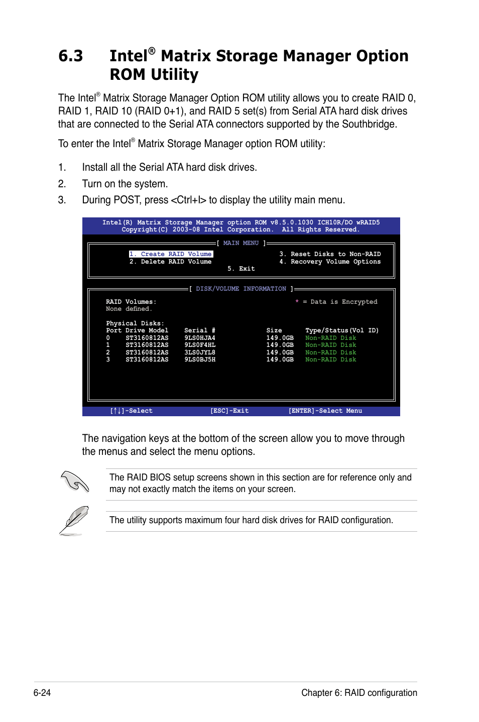 Intel, Matrix storage manager option rom utility -24, 3 intel | Matrix storage manager option rom utility, The intel | Asus ESC2000 Personal SuperComputer User Manual | Page 138 / 188