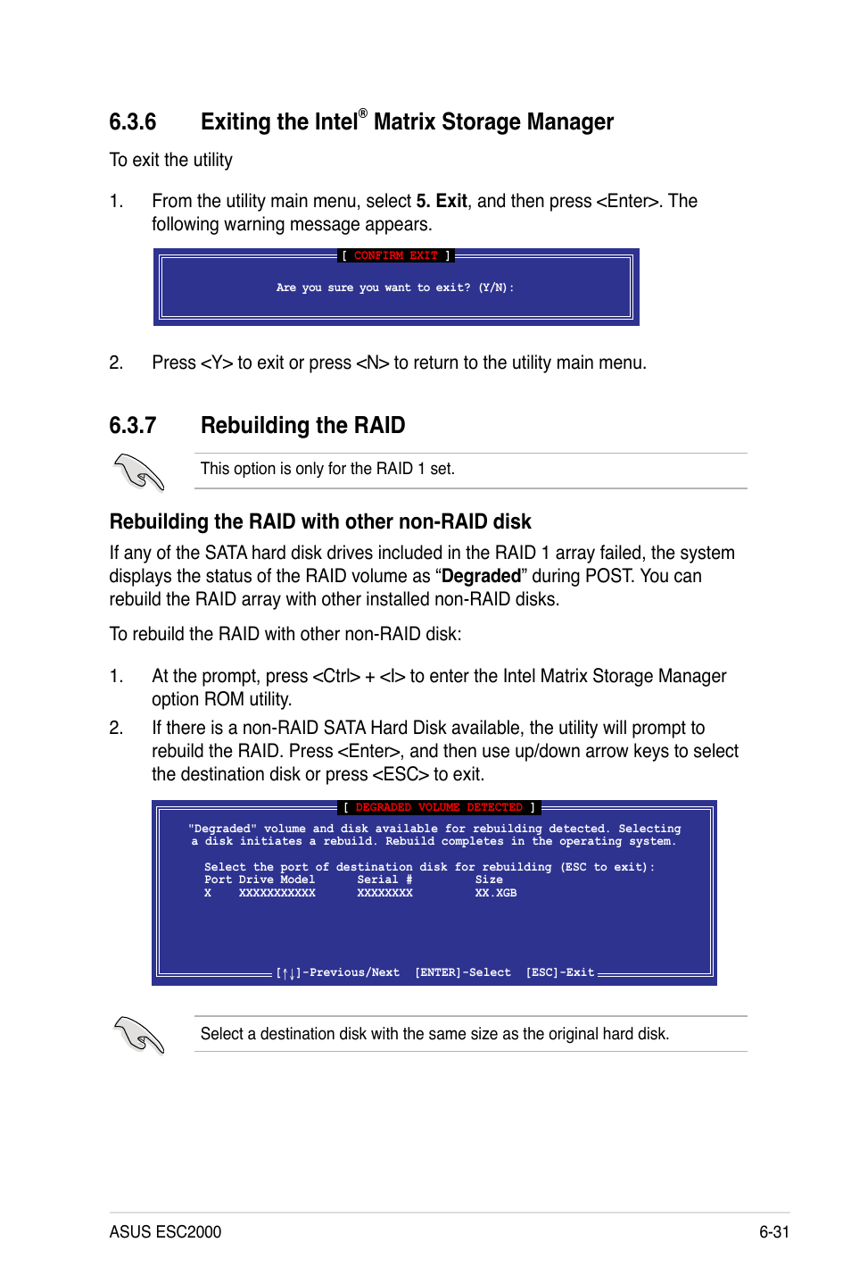 6 exiting the intel® matrix storage manager, 7 rebuilding the raid, Exiting the intel | Matrix storage manager -31, Rebuilding the raid -31, 6 exiting the intel, Matrix storage manager, Rebuilding the raid with other non-raid disk | Asus ESC2000 Personal SuperComputer User Manual | Page 145 / 188