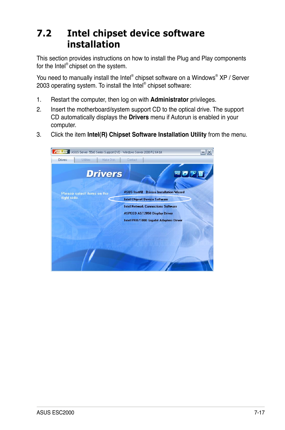 2 intel chipset device software installation, Intel chipset device software installation -17, 2 intel chipset device software installation | Asus ESC2000 Personal SuperComputer User Manual | Page 165 / 188