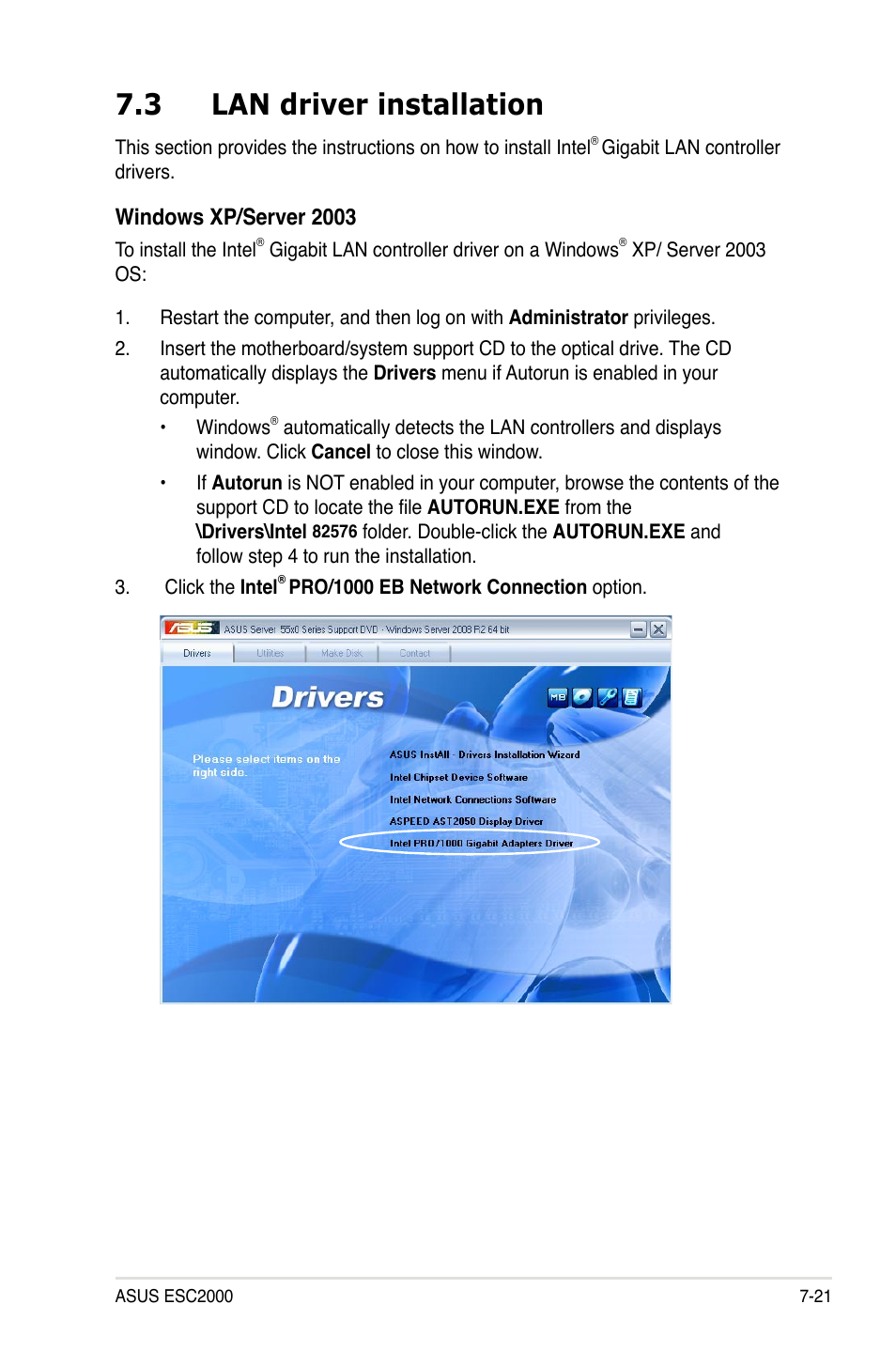 3 lan driver installation, Lan driver installation -21, Windows xp/server 2003 | Asus ESC2000 Personal SuperComputer User Manual | Page 169 / 188