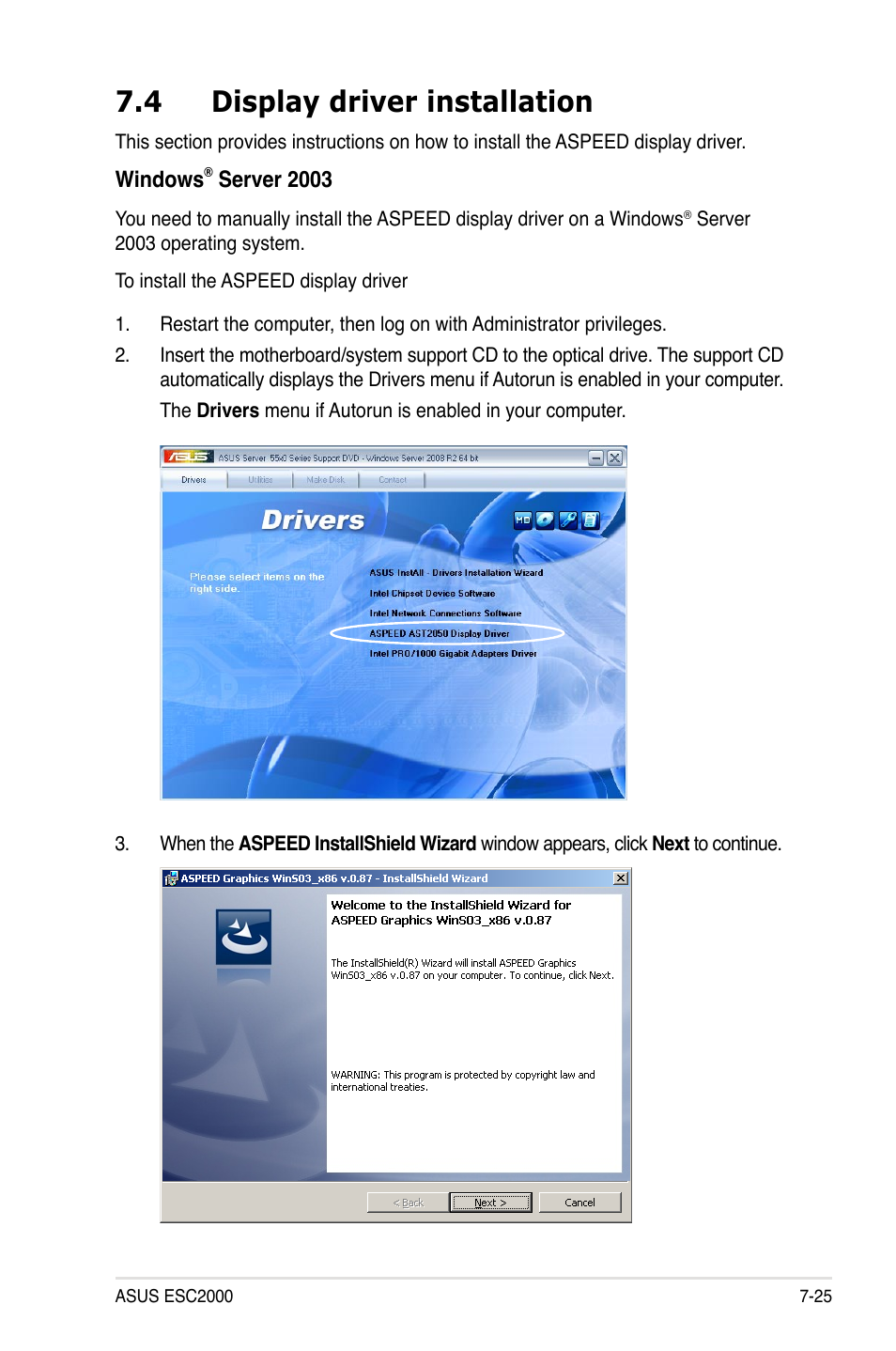 4 display driver installation, Display driver installation -25 | Asus ESC2000 Personal SuperComputer User Manual | Page 173 / 188