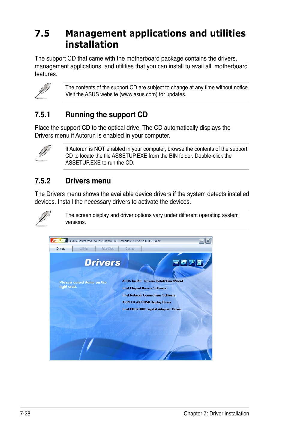 1 running the support cd, 2 drivers menu, Running the support cd -28 | Drivers menu -28 | Asus ESC2000 Personal SuperComputer User Manual | Page 176 / 188