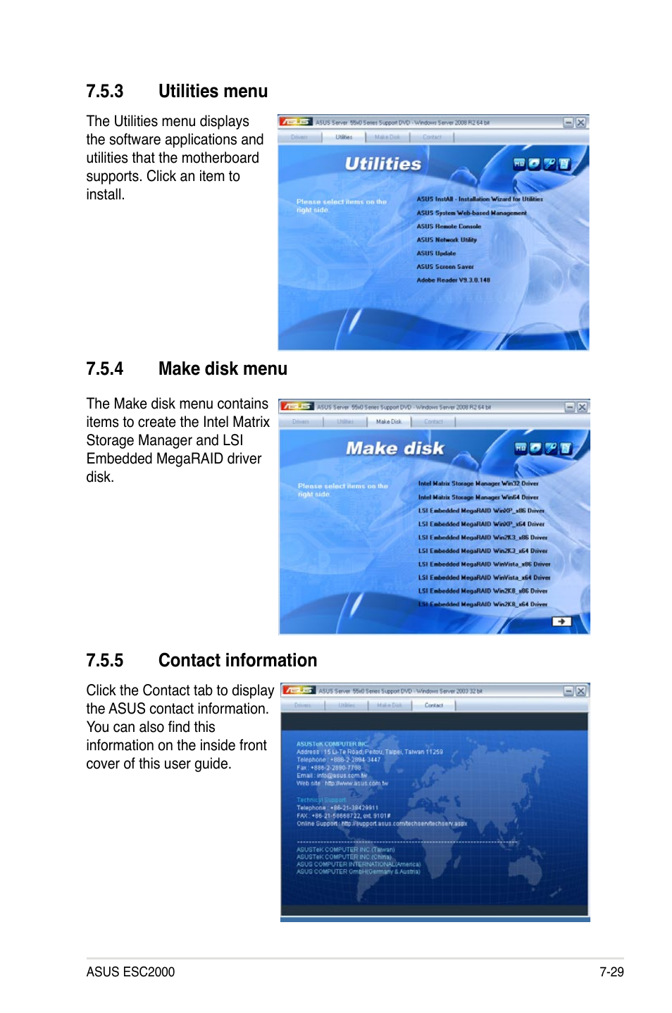 3 utilities menu, 4 make disk menu, 5 contact information | Utilities menu -29, Make disk menu -29, Contact information -29 | Asus ESC2000 Personal SuperComputer User Manual | Page 177 / 188