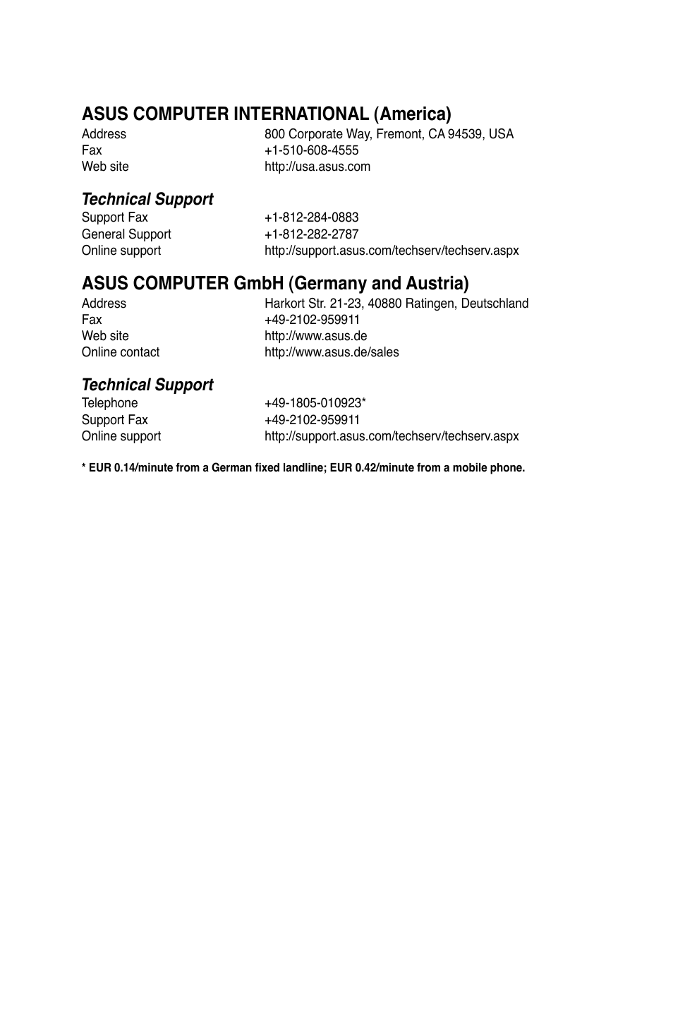 Asus computer international (america), Asus computer gmbh (germany and austria), Technical support | Asus ESC2000 Personal SuperComputer User Manual | Page 188 / 188