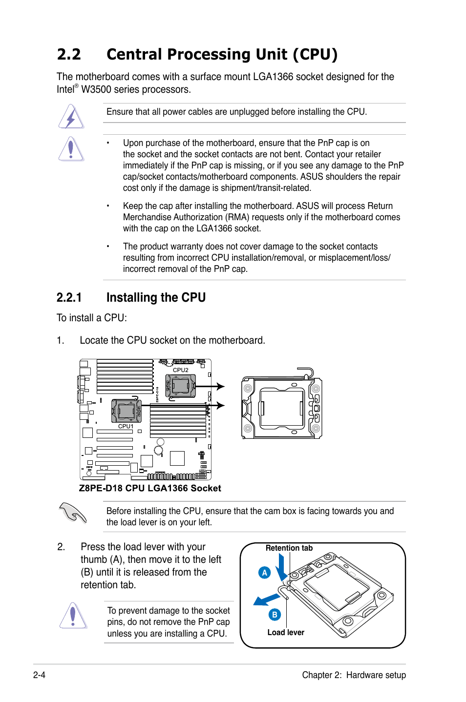 2 central processing unit (cpu), 1 installing the cpu, Central processing unit (cpu) -4 2.2.1 | Installing the cpu -4 | Asus ESC2000 Personal SuperComputer User Manual | Page 24 / 188