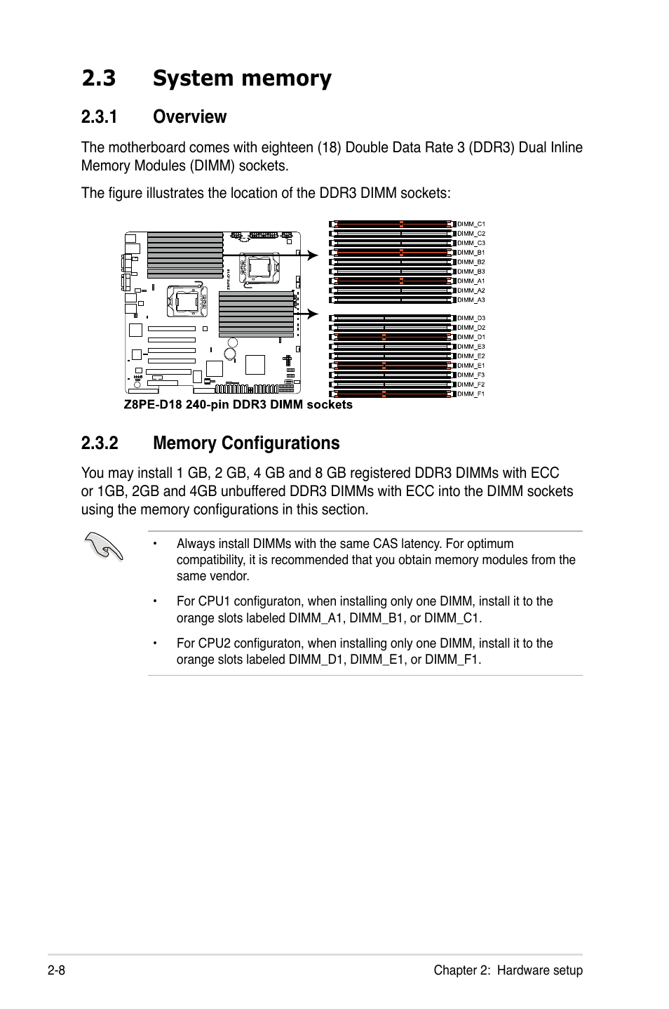 3 system memory, 1 overview, 2 memory configurations | System memory -8 2.3.1, Overview -8, Memory configurations -8 | Asus ESC2000 Personal SuperComputer User Manual | Page 28 / 188