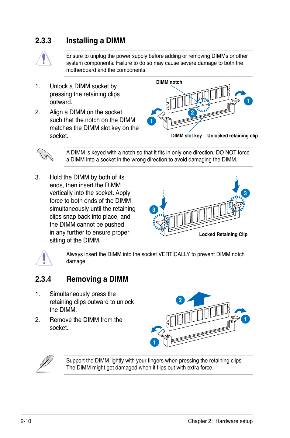 3 installing a dimm, 4 removing a dimm, Installing a dimm -10 | Removing a dimm -10 | Asus ESC2000 Personal SuperComputer User Manual | Page 30 / 188