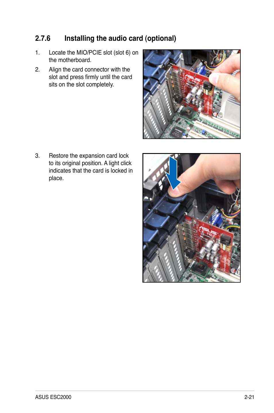 6 installing the audio card (optional), Installing the audio card (optional) -21 | Asus ESC2000 Personal SuperComputer User Manual | Page 41 / 188