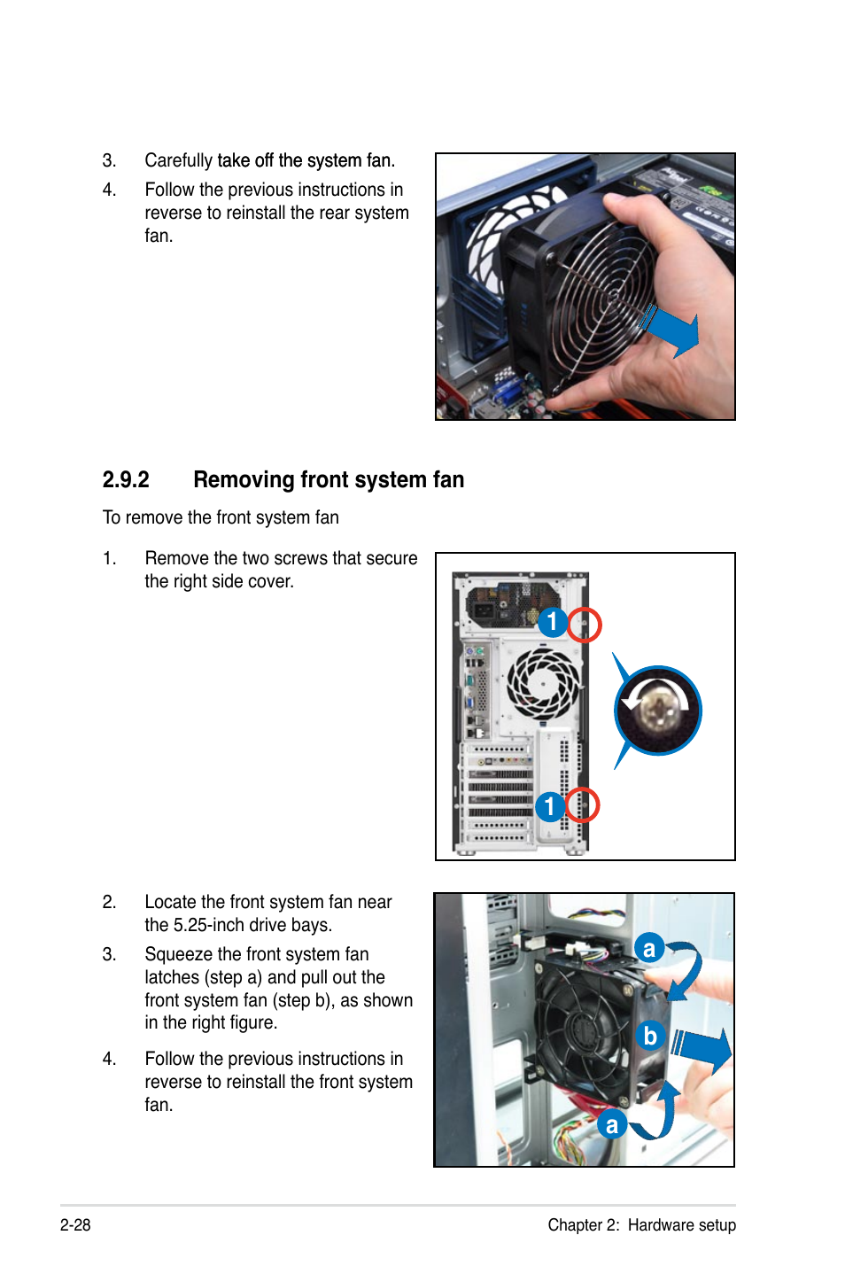 2 removing front system fan, Removing front system fan -28, Ba a | Asus ESC2000 Personal SuperComputer User Manual | Page 48 / 188