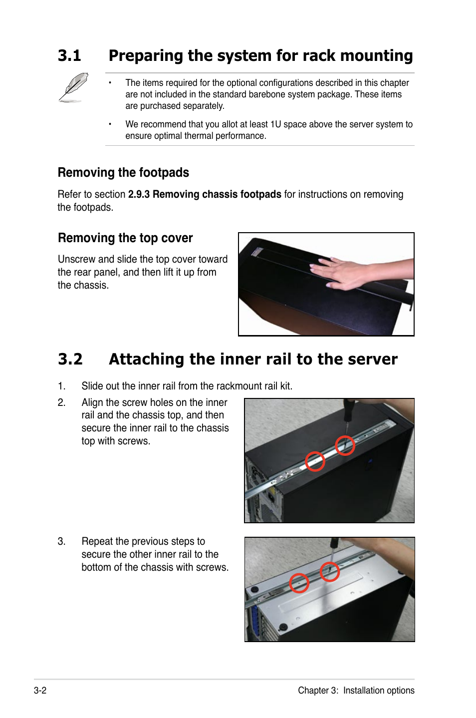 1 preparing the system for rack mounting, 2 attaching the inner rail to the server, Preparing the system for rack mounting -2 | Attaching the inner rail to the server -2, Removing the top cover, Removing the footpads | Asus ESC2000 Personal SuperComputer User Manual | Page 52 / 188