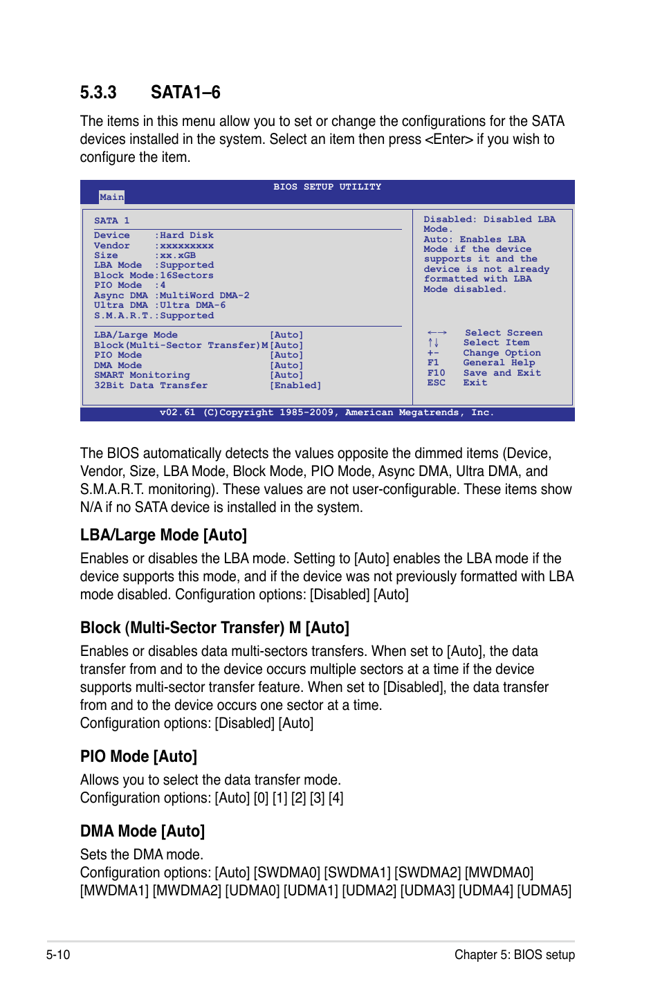 3 sata1–6, Sata1–6 -10, Lba/large mode [auto | Block (multi-sector transfer) m [auto, Pio mode [auto, Dma mode [auto | Asus ESC2000 Personal SuperComputer User Manual | Page 84 / 188