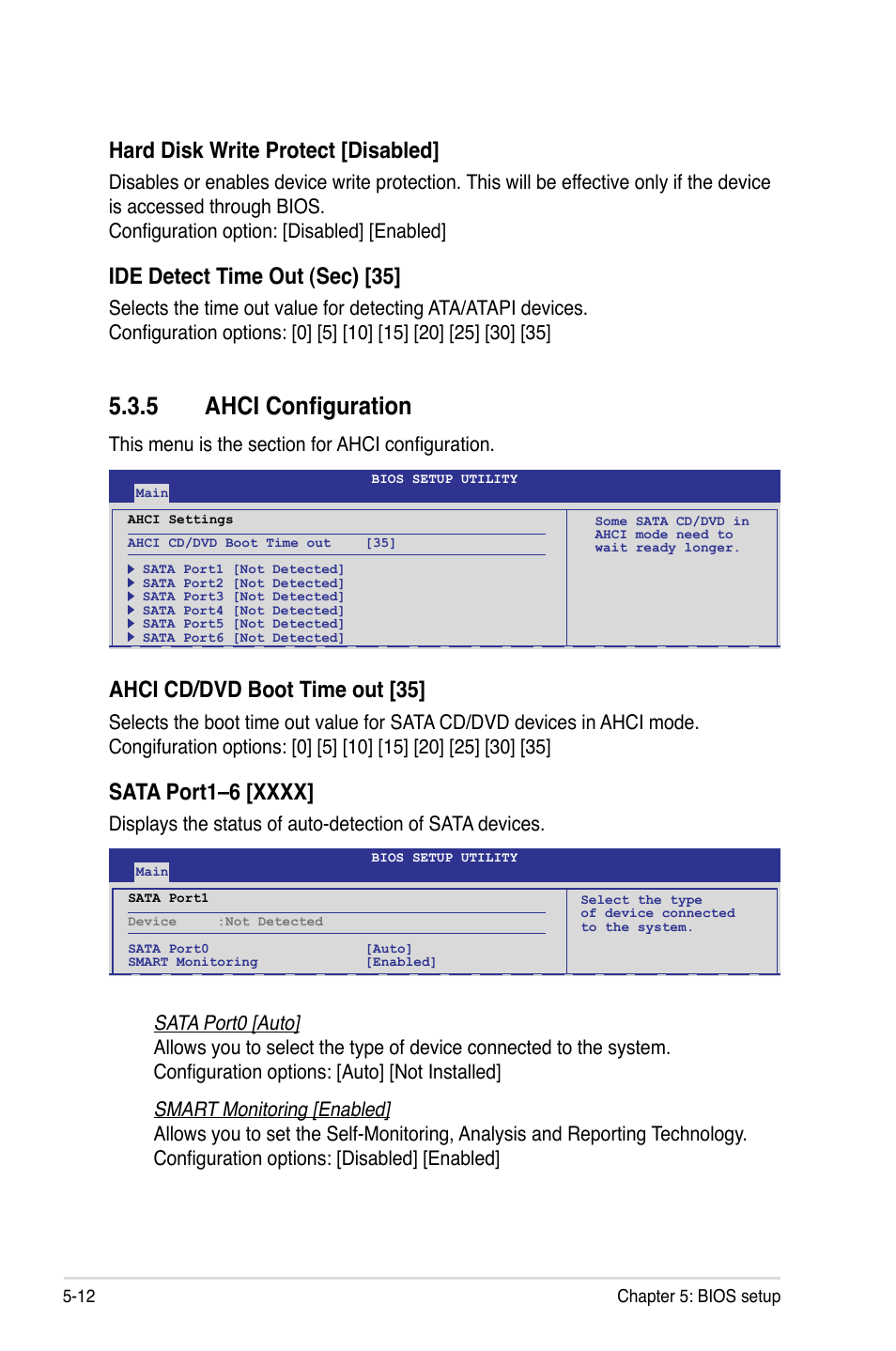 5 ahci configuration, Ahci configuration -12, Hard disk write protect [disabled | Ide detect time out (sec) [35, Ahci cd/dvd boot time out [35 | Asus ESC2000 Personal SuperComputer User Manual | Page 86 / 188