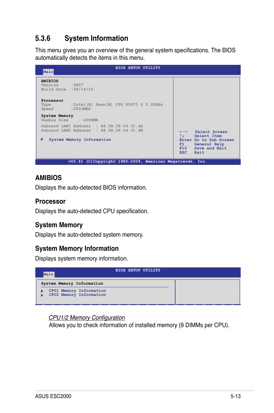 6 system information, System information -13, Amibios | Processor, Displays the auto-detected bios information, Displays the auto-detected cpu specification | Asus ESC2000 Personal SuperComputer User Manual | Page 87 / 188