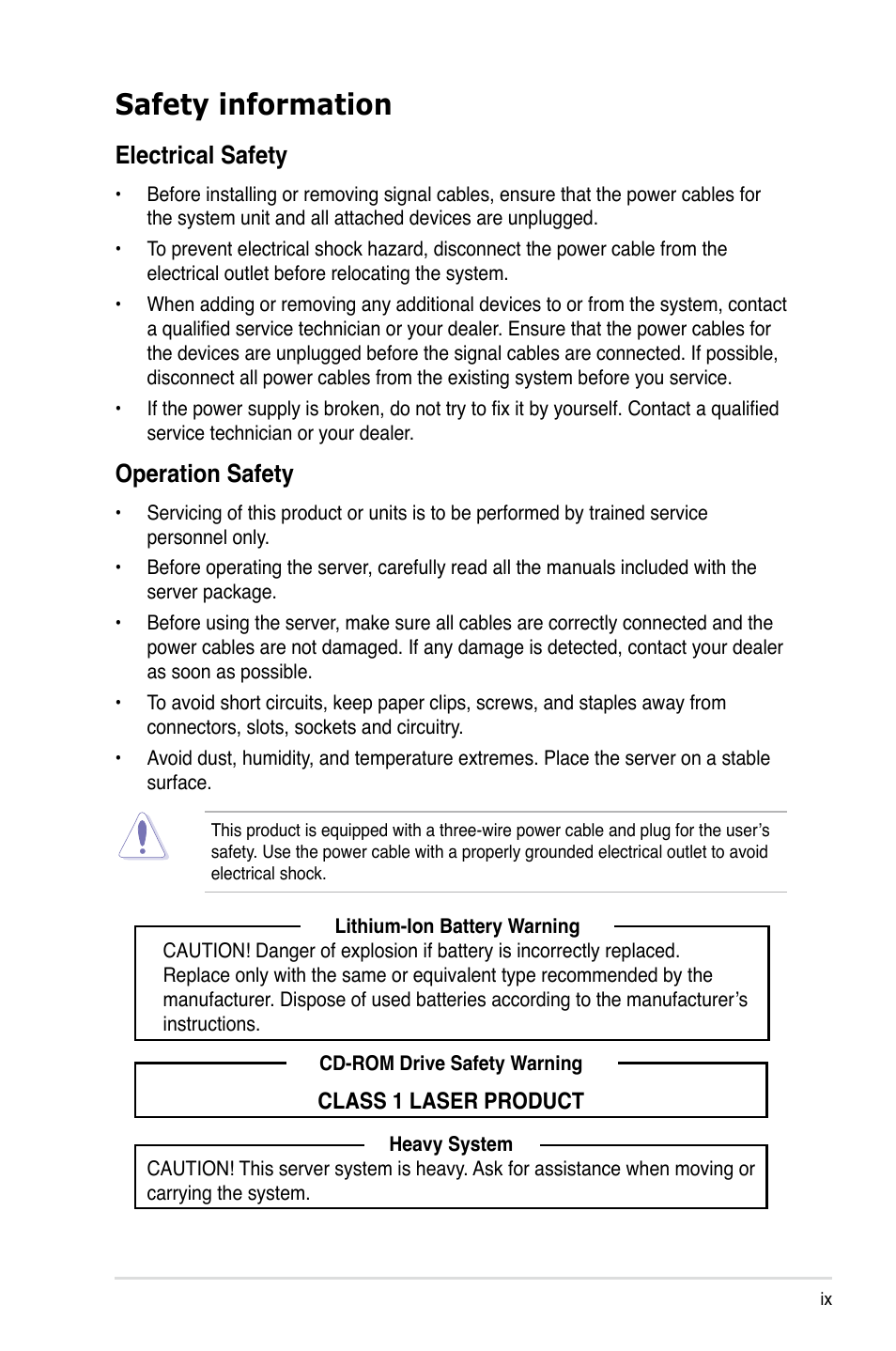 Safety information, Electrical safety, Operation safety | Asus ESC2000 Personal SuperComputer User Manual | Page 9 / 188