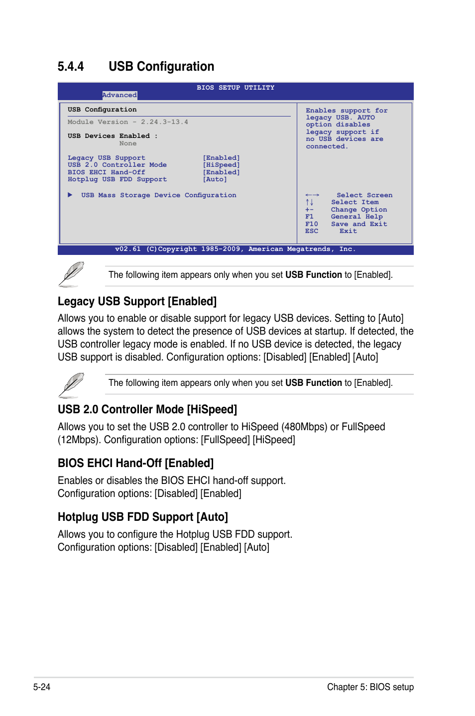 4 usb configuration, Usb configuration -24, Legacy usb support [enabled | Usb 2.0 controller mode [hispeed, Bios ehci hand-off [enabled, Hotplug usb fdd support [auto | Asus ESC2000 Personal SuperComputer User Manual | Page 98 / 188