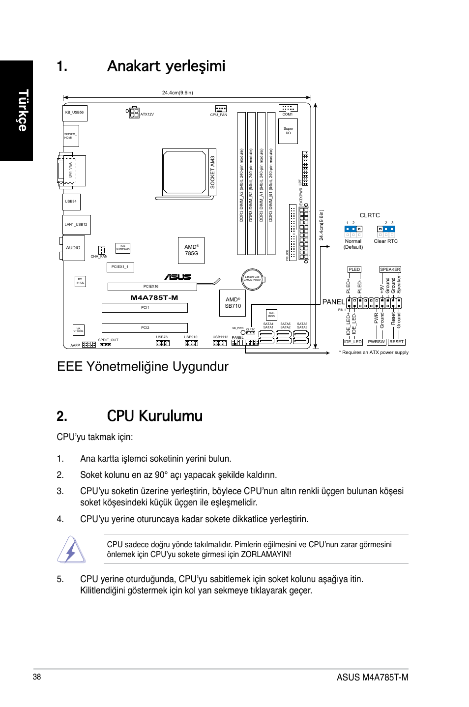 Anakart yerleşimi . cpu kurulumu, Türkçe, Eee yönetmeliğine uygundur | Asus m4a785t-m, Panel | Asus M4A785T-M User Manual | Page 38 / 41