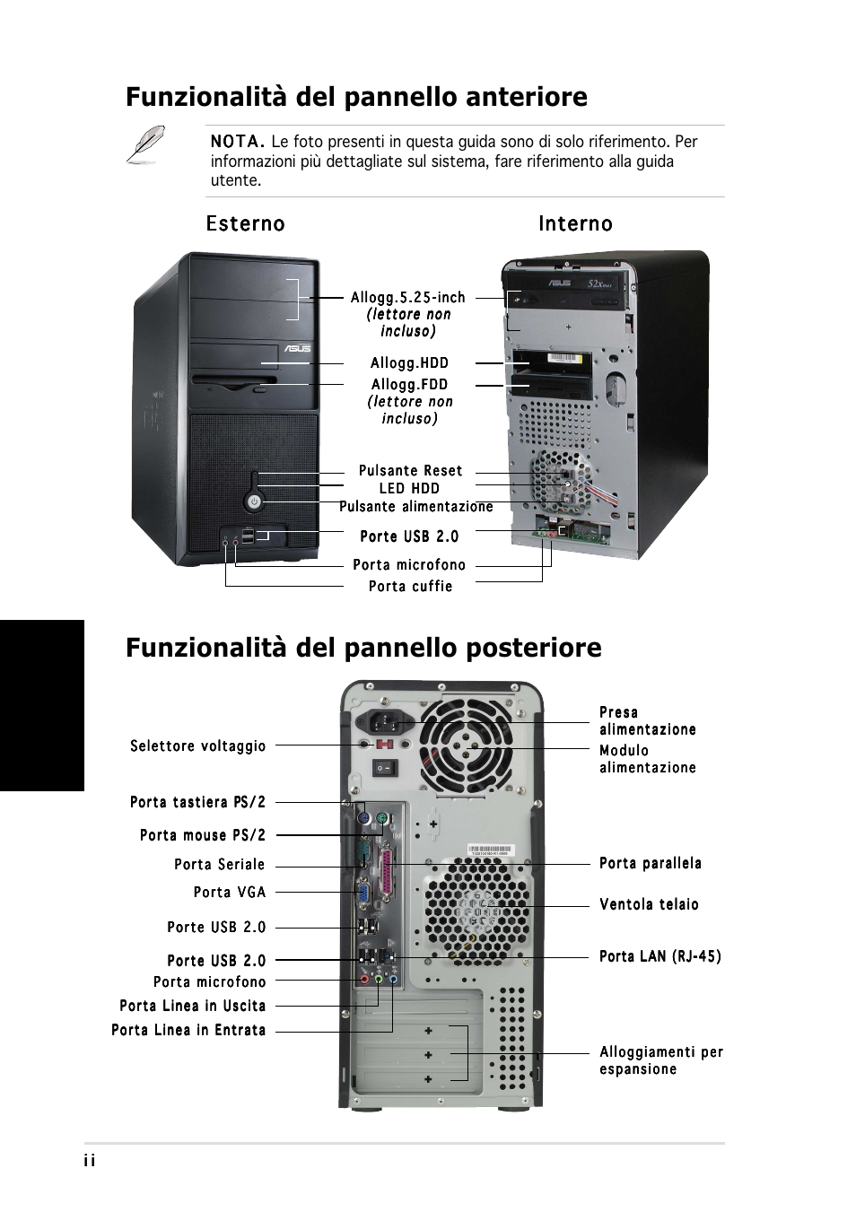 Funzionalità del pannello anteriore, Funzionalità del pannello posteriore, Italiano | Esterno, Esterno interno interno interno interno interno | Asus Vintage-AE1 User Manual | Page 26 / 80